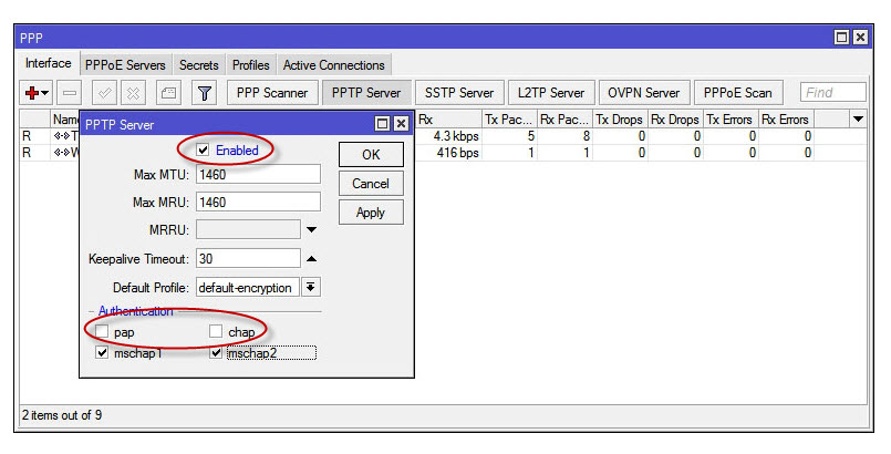 Включаем PPtP сервер Mikrotik